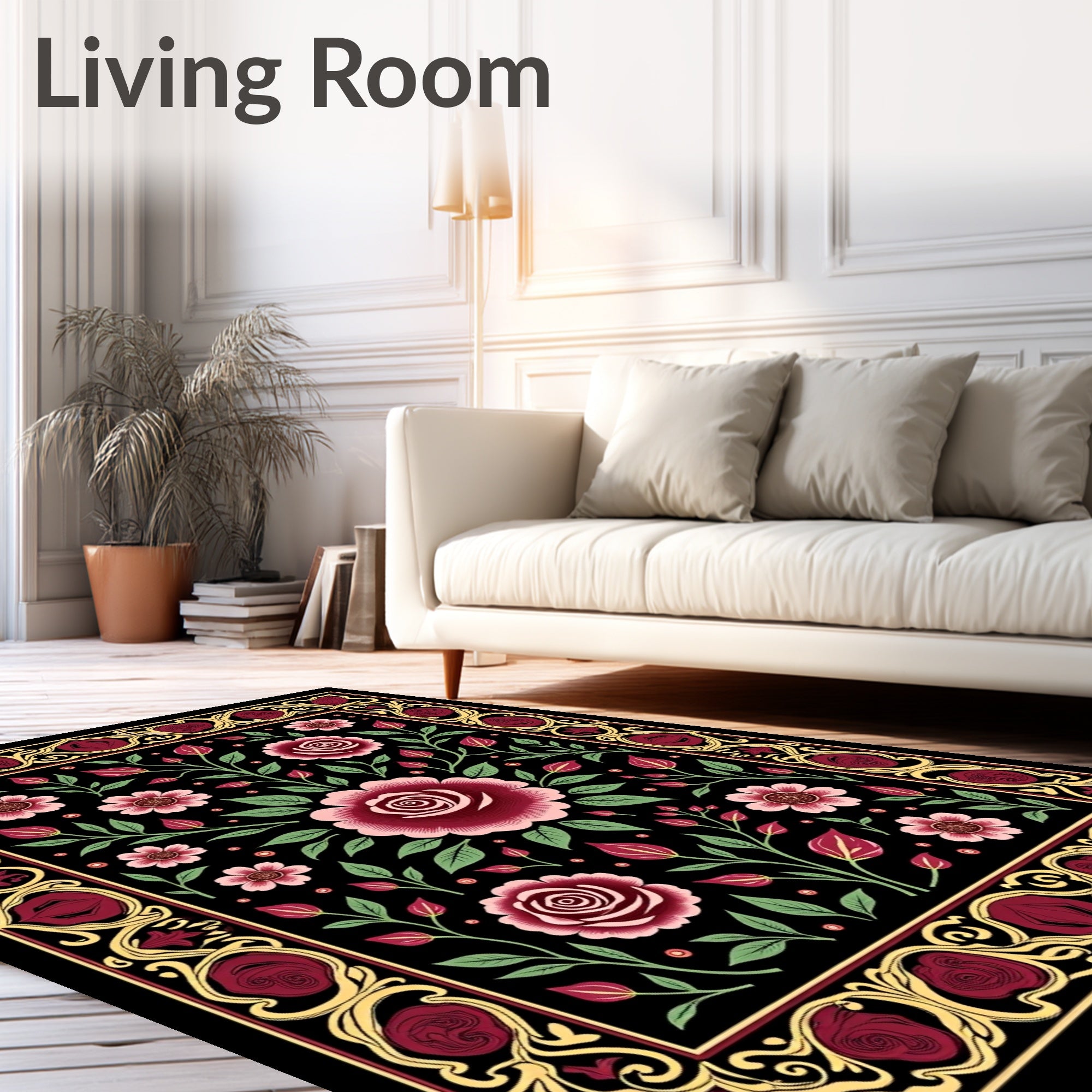 Ornate Black Floral Rose Garland Rug