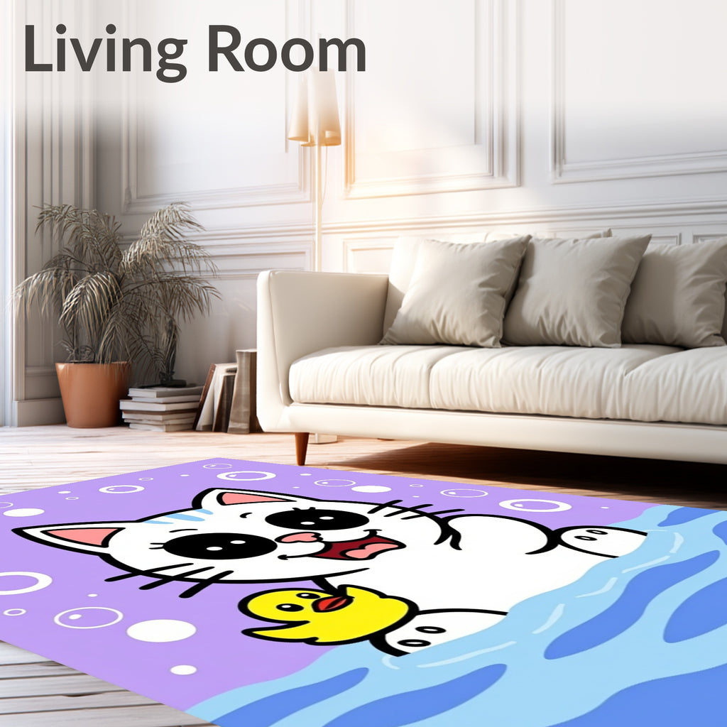 Cute White Cat Bath Time Bubbles Rug