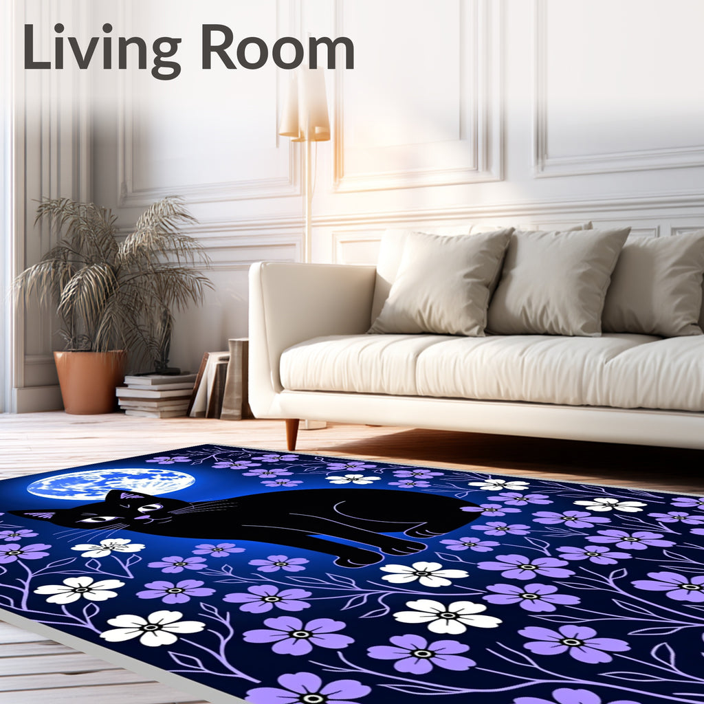 Midnight Black Cat Moon Garden Rug