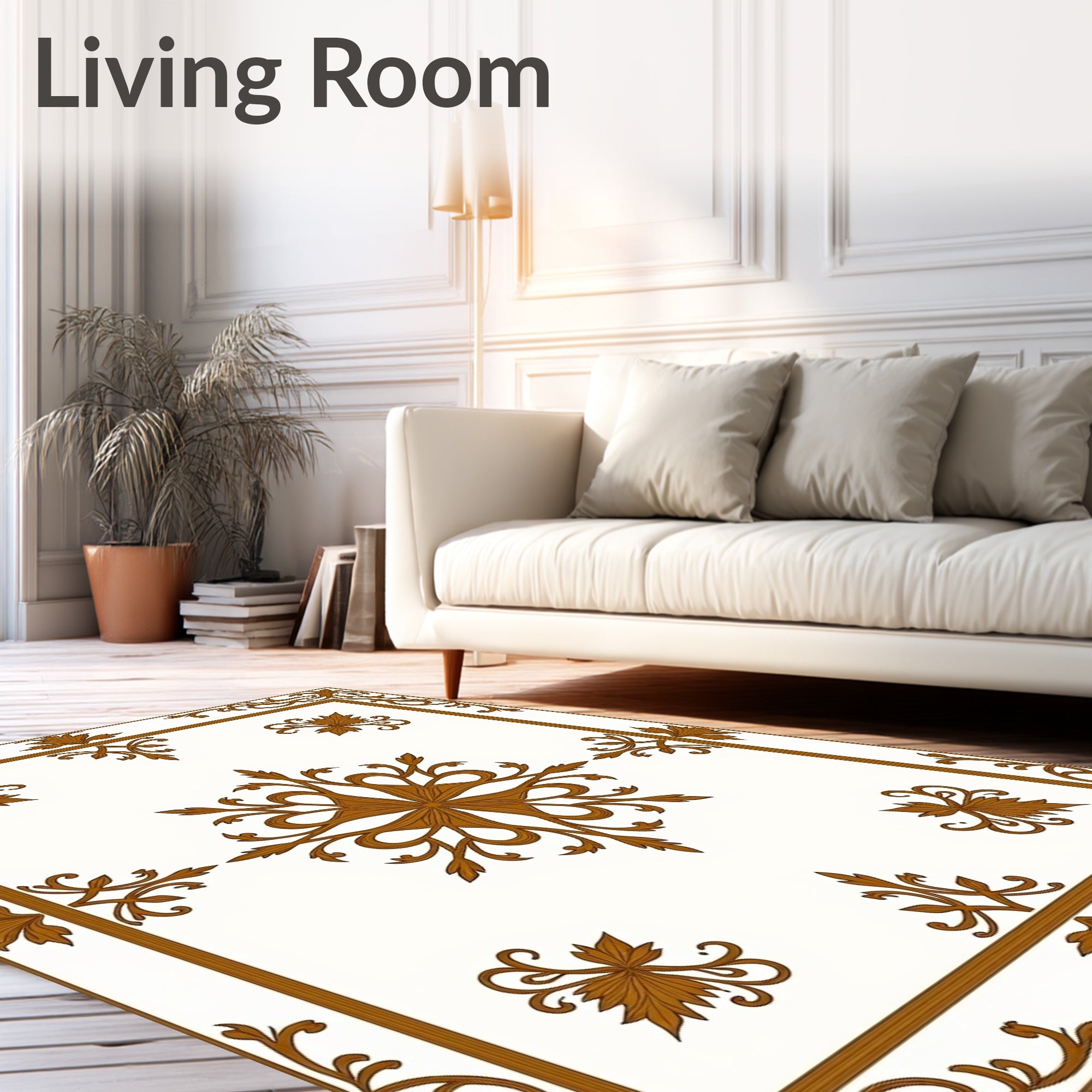 Golden Brown Floral Scrollwork Frame Rug
