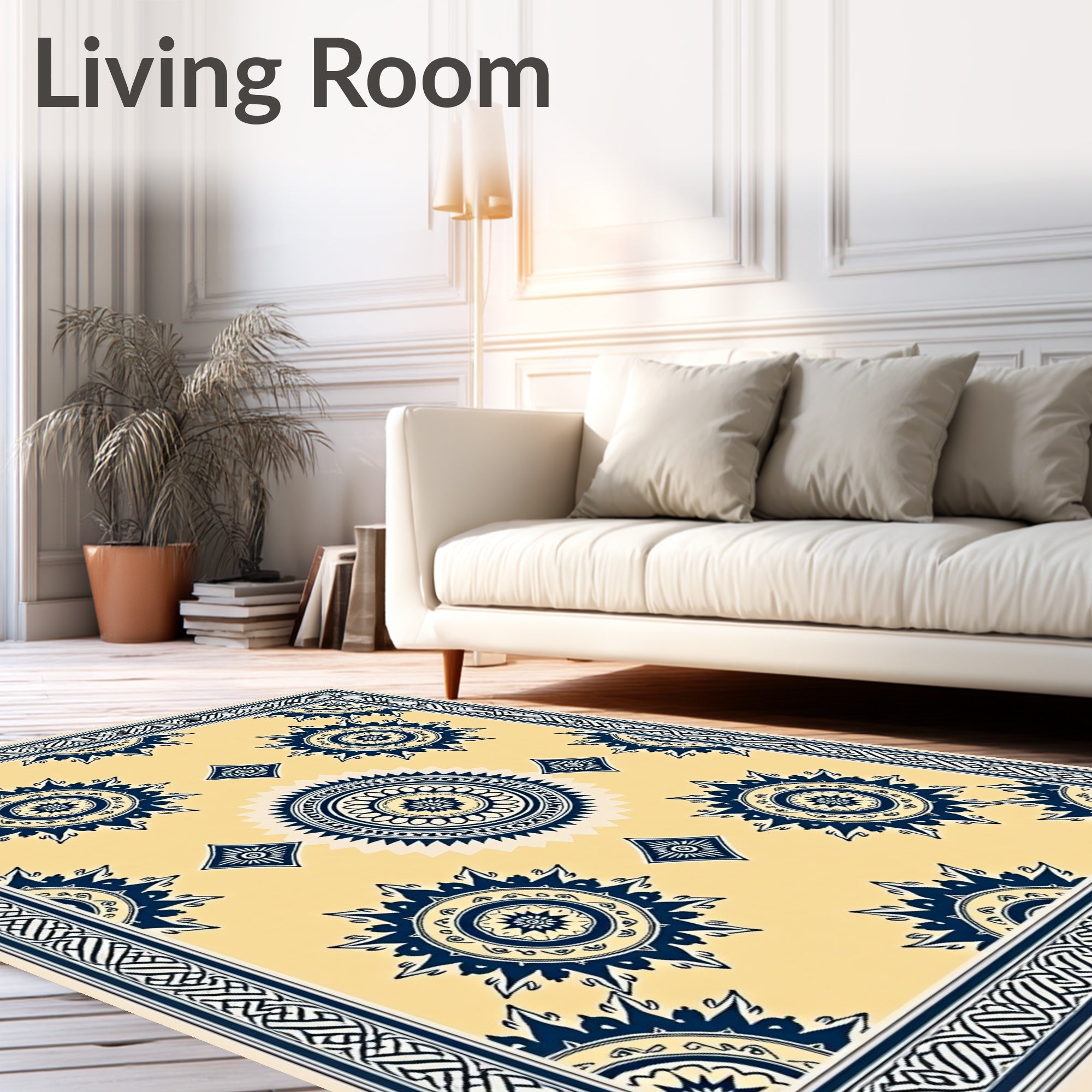Cream and Navy Sunburst Medallion Rug