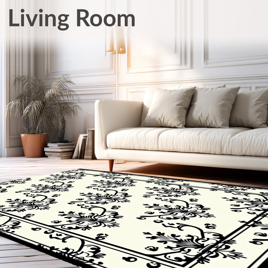 Ornate Black Damask Ivory Area Rug