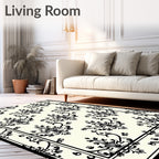 Ornate Black Damask Ivory Area Rug