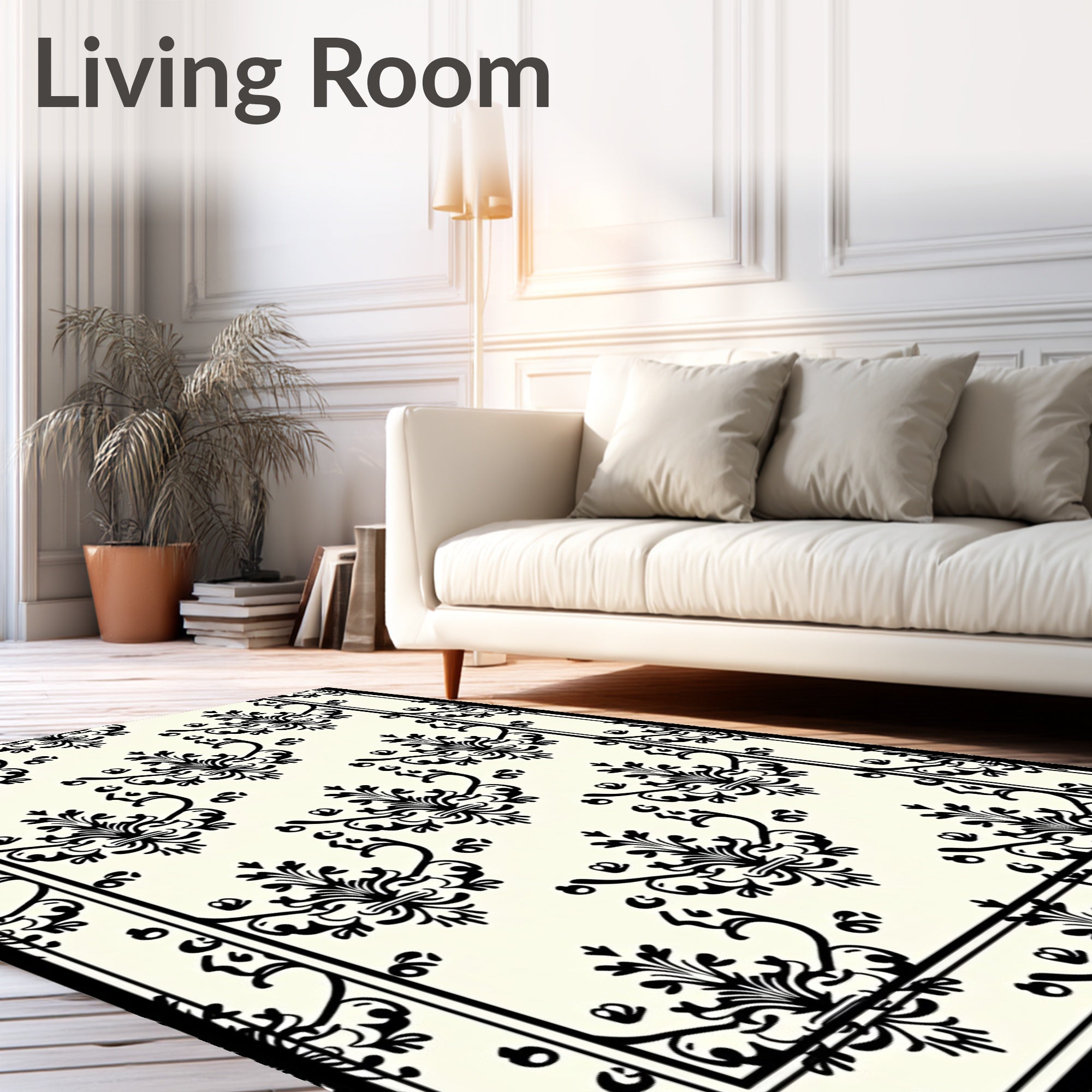 Ornate Black Damask Ivory Area Rug