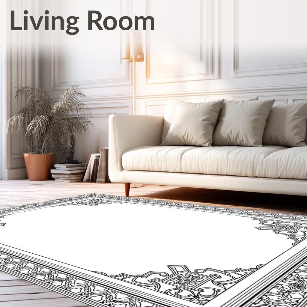 Intricate Black Scrollwork Floral Frame Rug