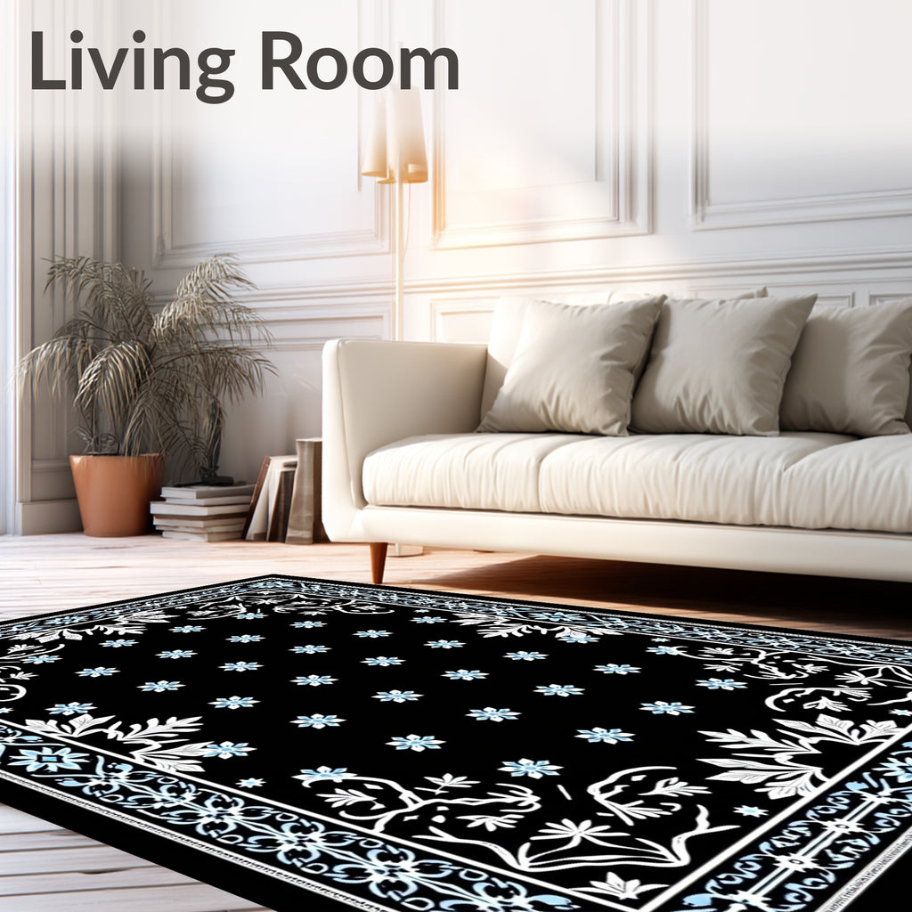Classic Black Blue Floral Border Rug