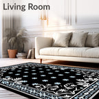 Classic Black Blue Floral Border Rug