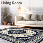 Navy Cream Scroll Border Medallion Rug