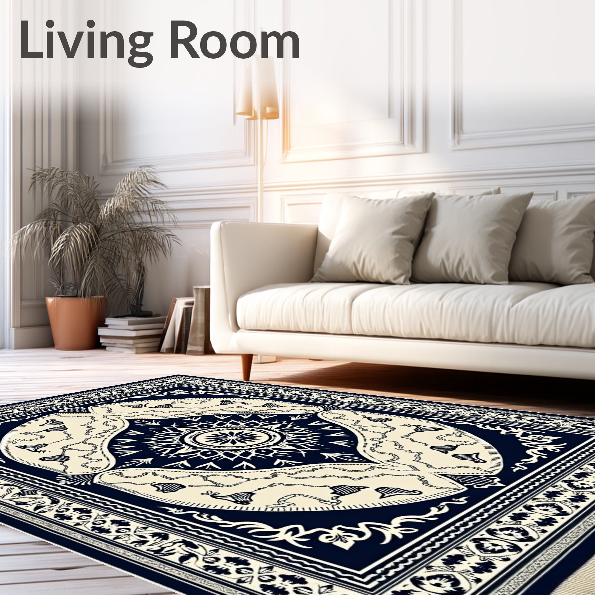 Navy Cream Scroll Border Medallion Rug