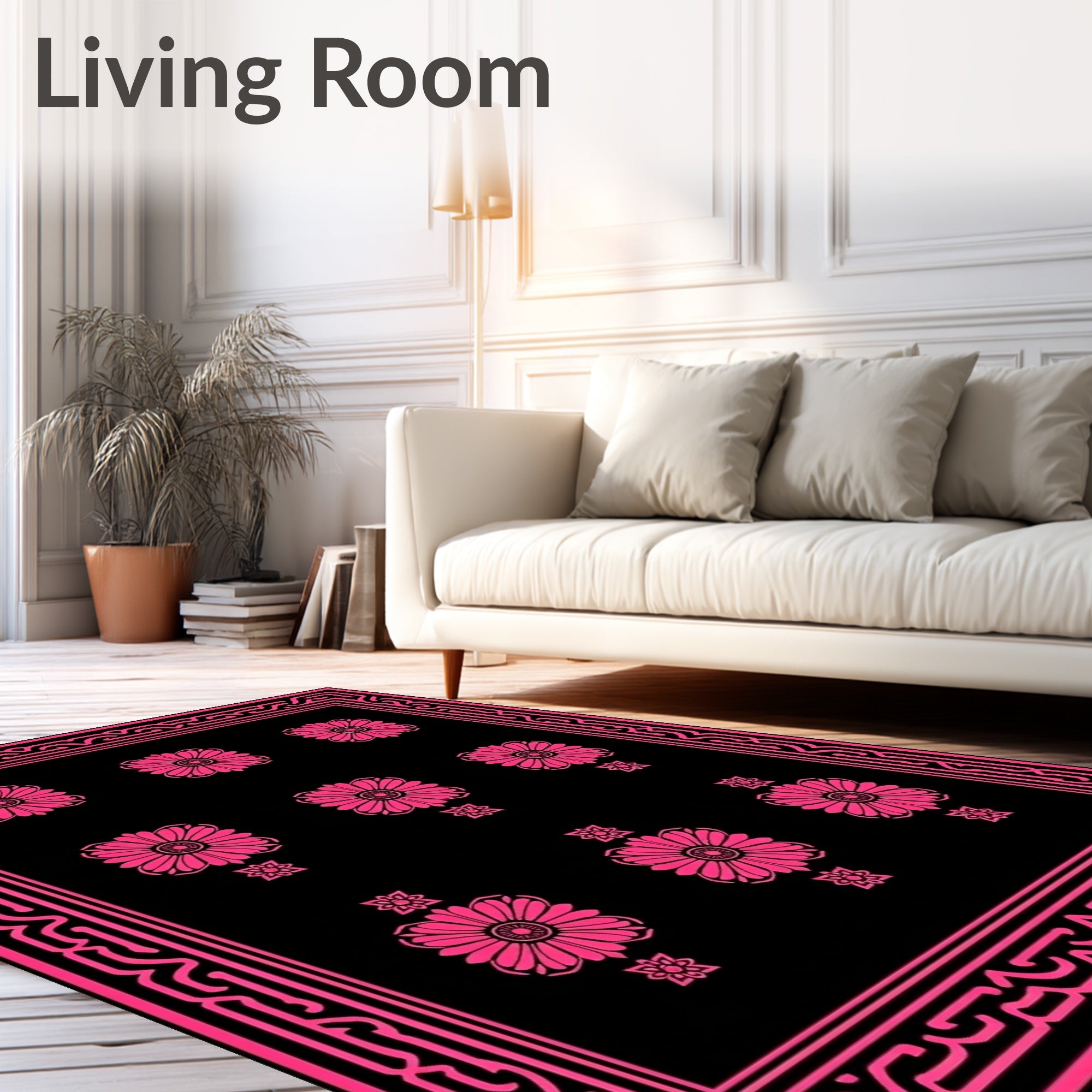 Hot Pink Floral Scatter Black Rug