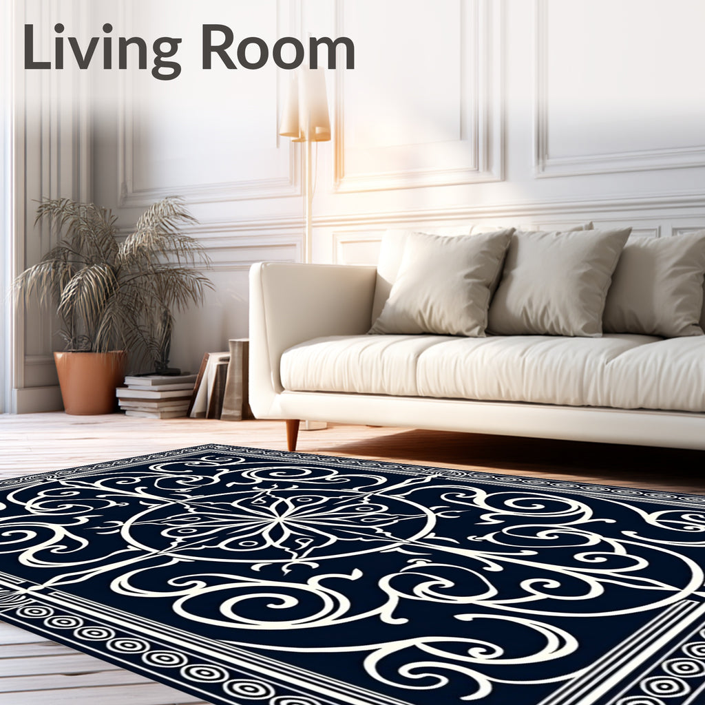 Navy Cream Ornamental Scrollwork Medallion Rug