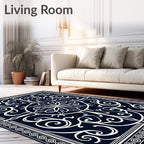 Navy Cream Ornamental Scrollwork Medallion Rug
