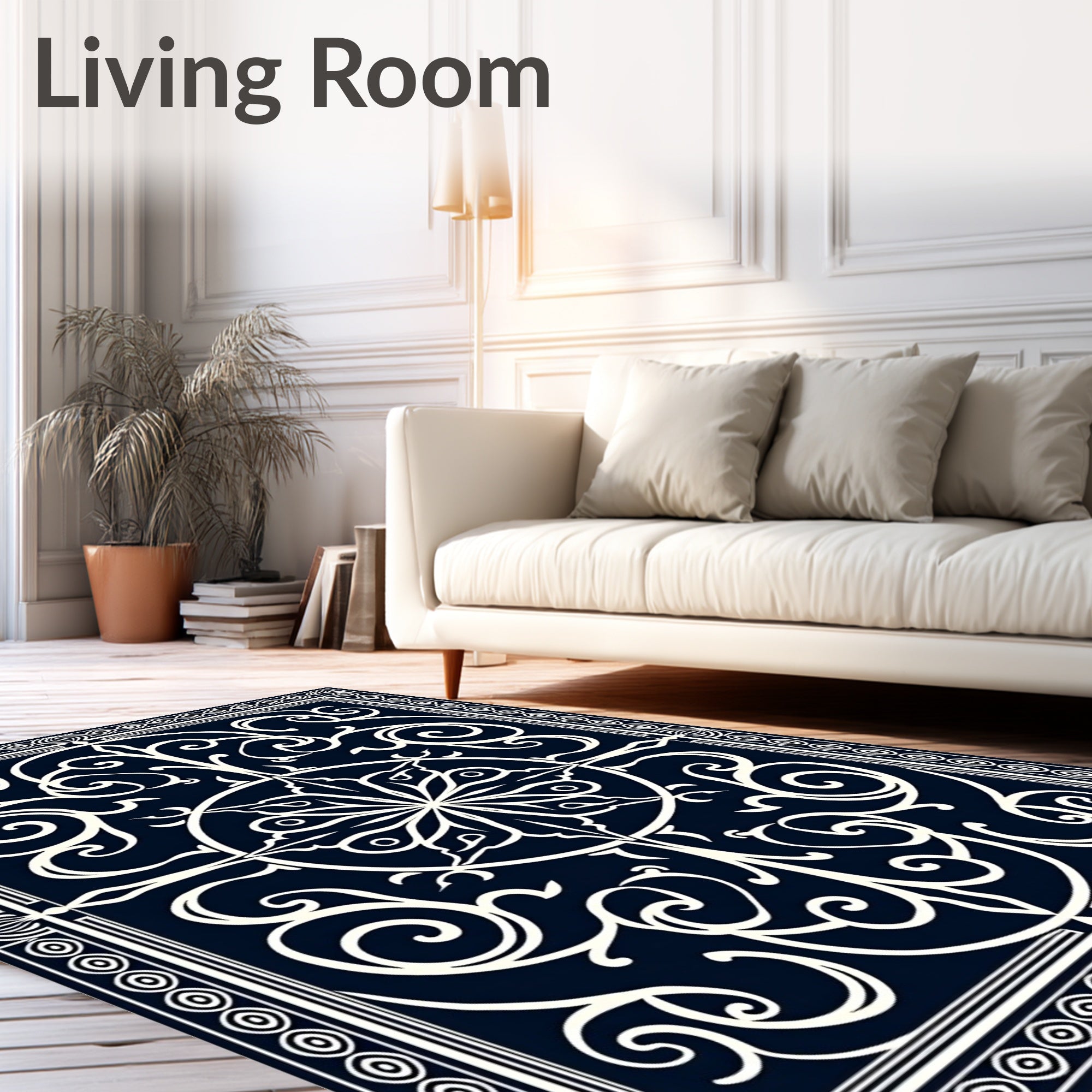 Navy Cream Ornamental Scrollwork Medallion Rug