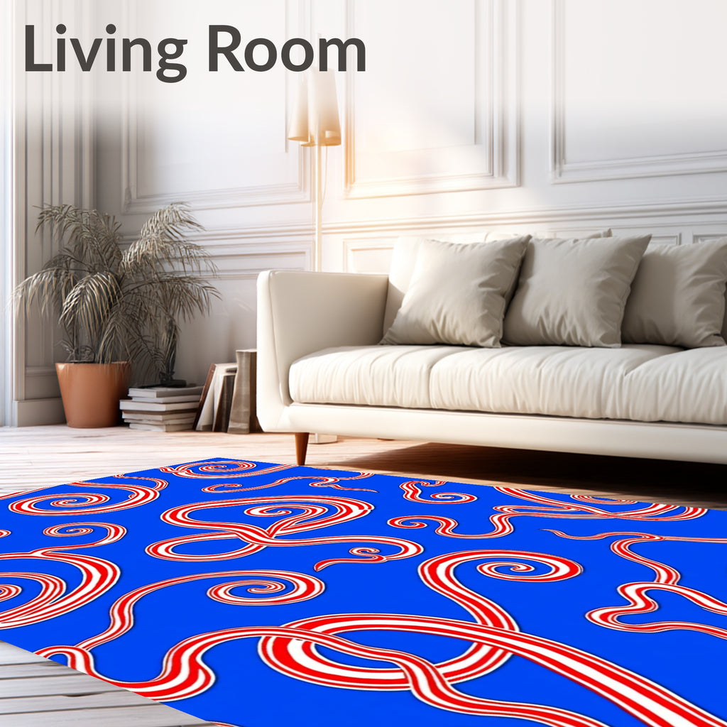 Red White Swirls on Blue Background Rug