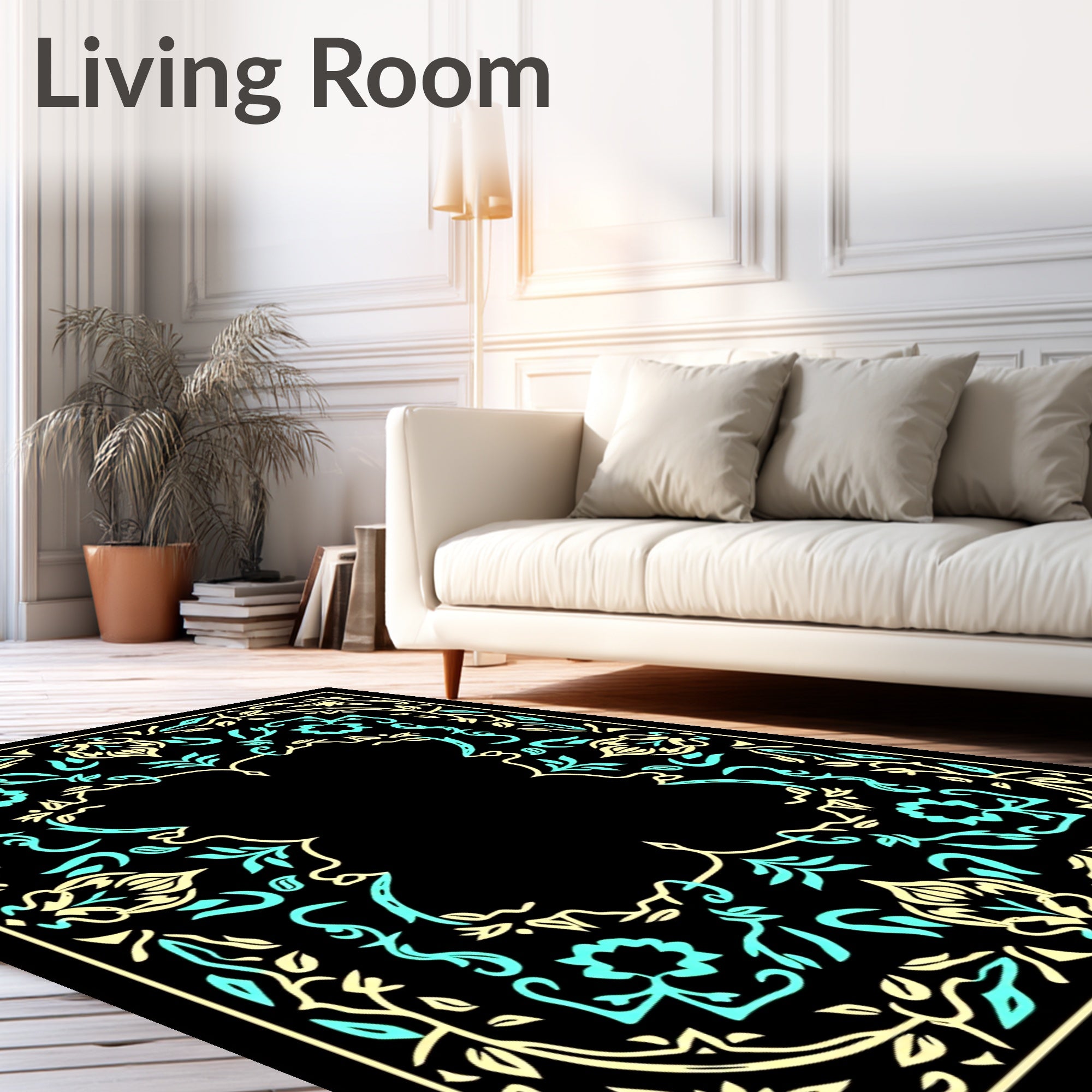 Abstract Mint Cream Floral Border Rug