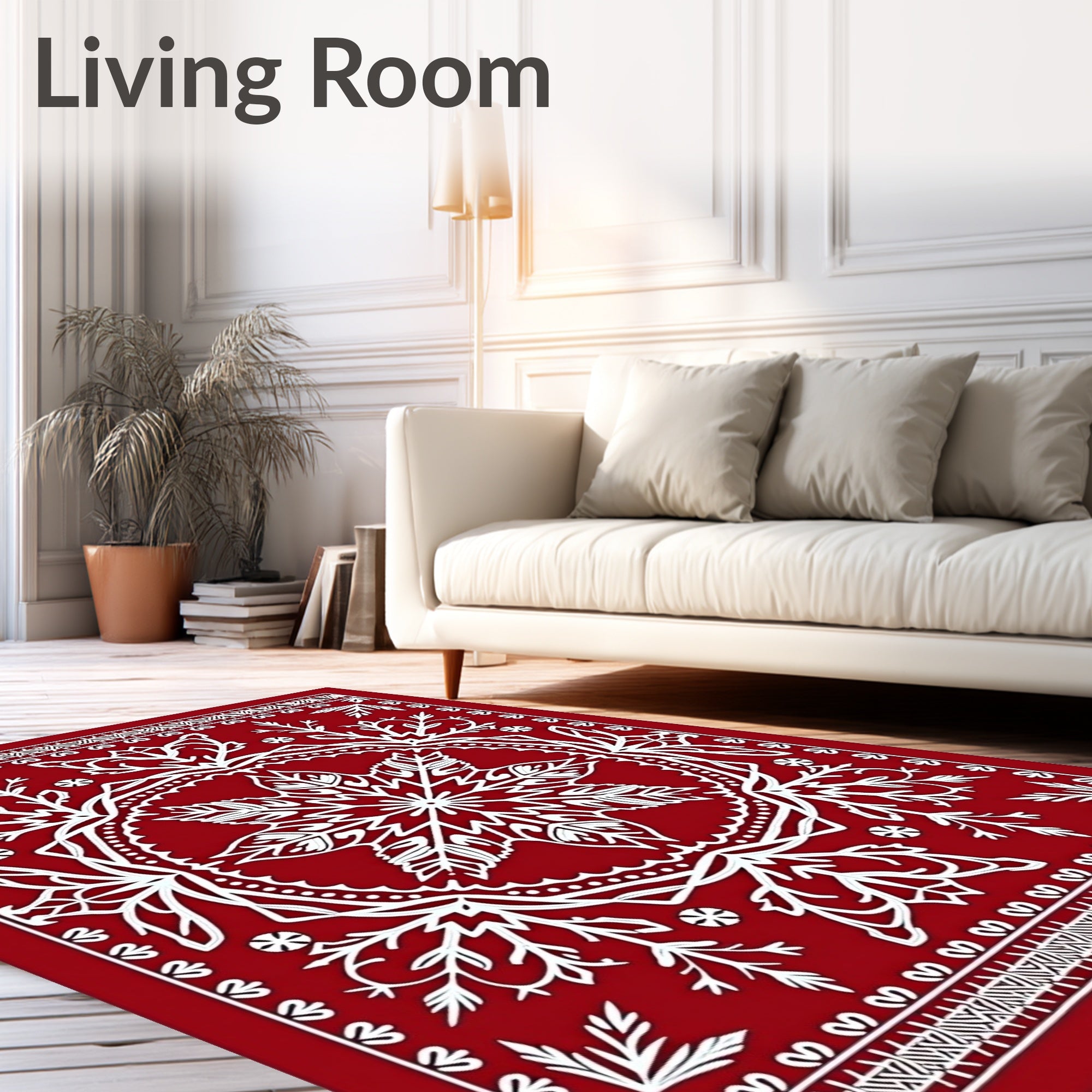 Crimson White Snowflake Mandala Rug
