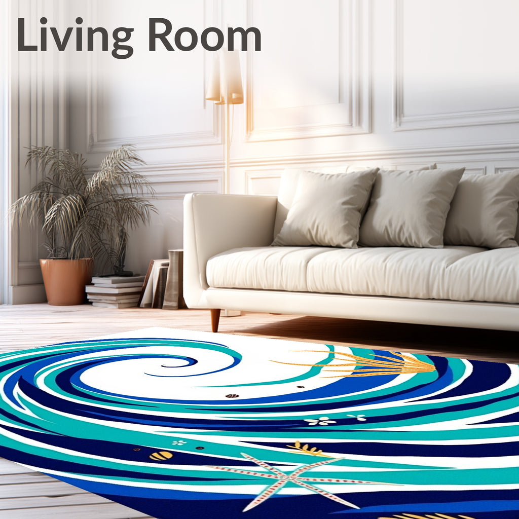 Deep Blue Ocean Swirl Starfish Rug
