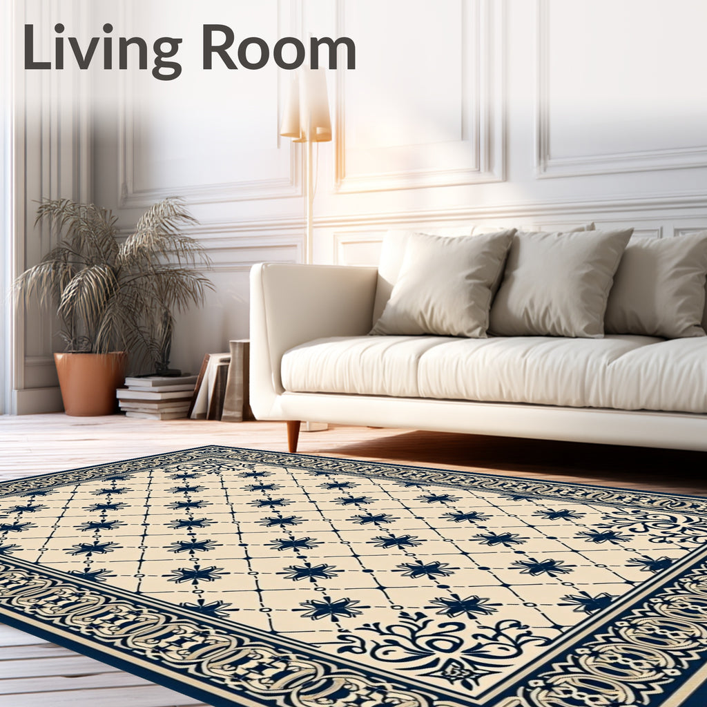 Navy Blue Floral Medallion Lattice Rug