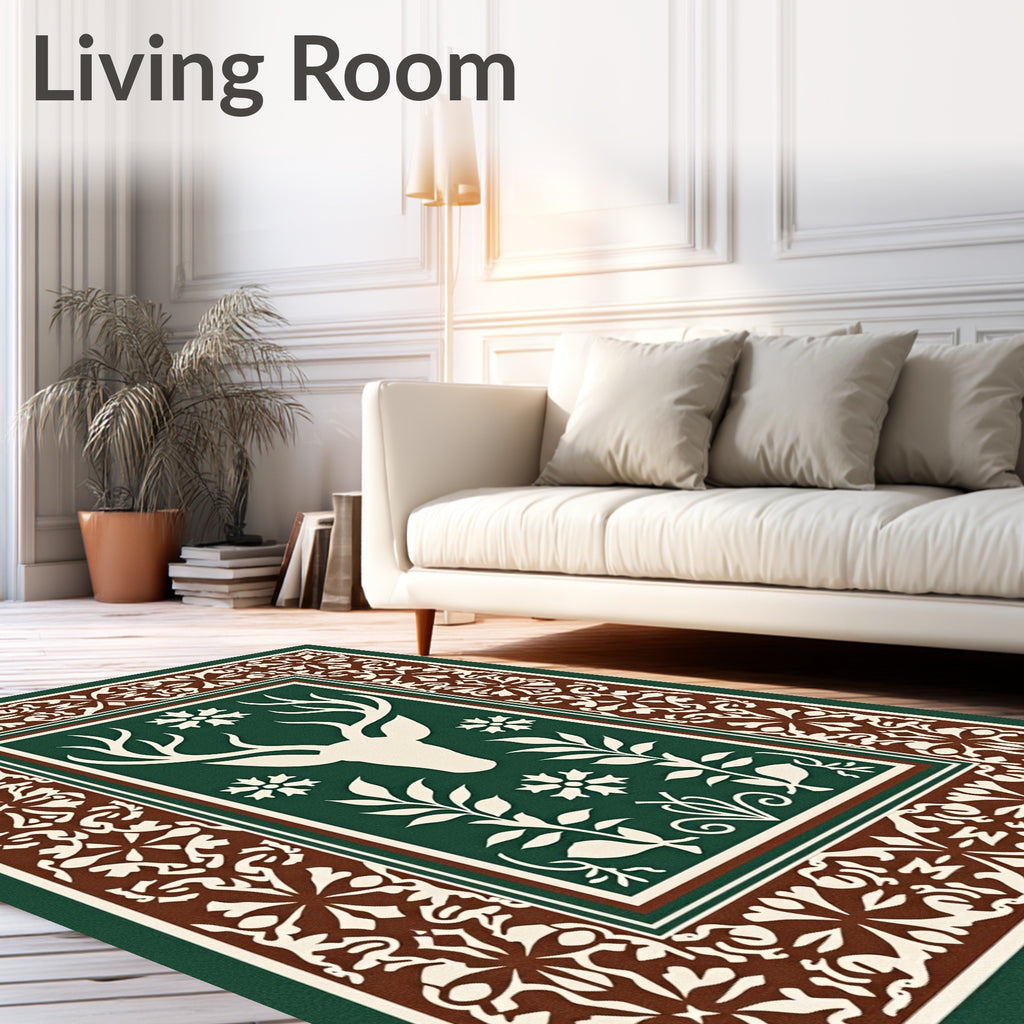 Forest Green Reindeer Snowflake Border Rug