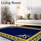 Rich Blue Gold Intricate Bird Frame Rug