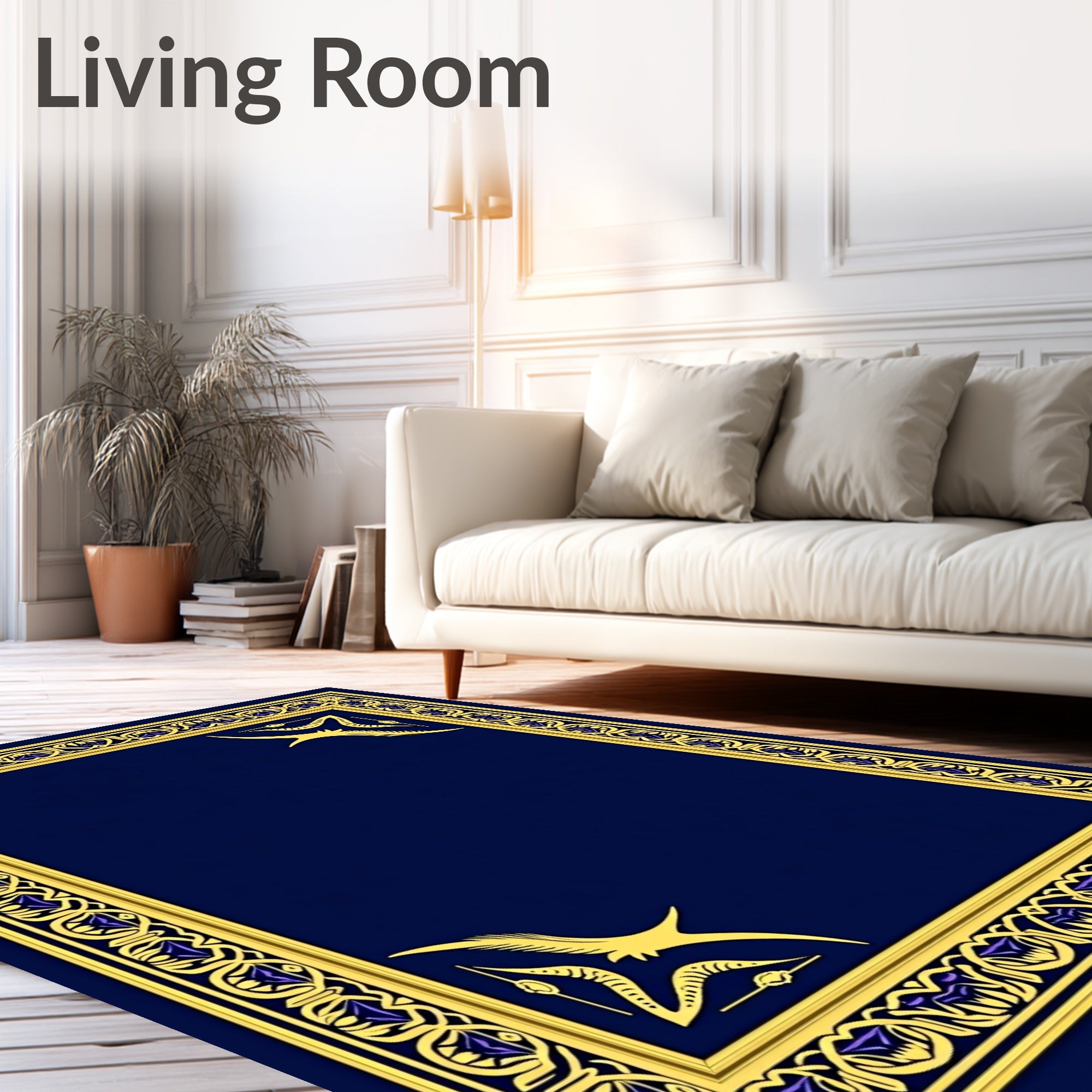Rich Blue Gold Intricate Bird Frame Rug