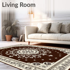 Brown Cream Floral Medallion Scrollwork Rug