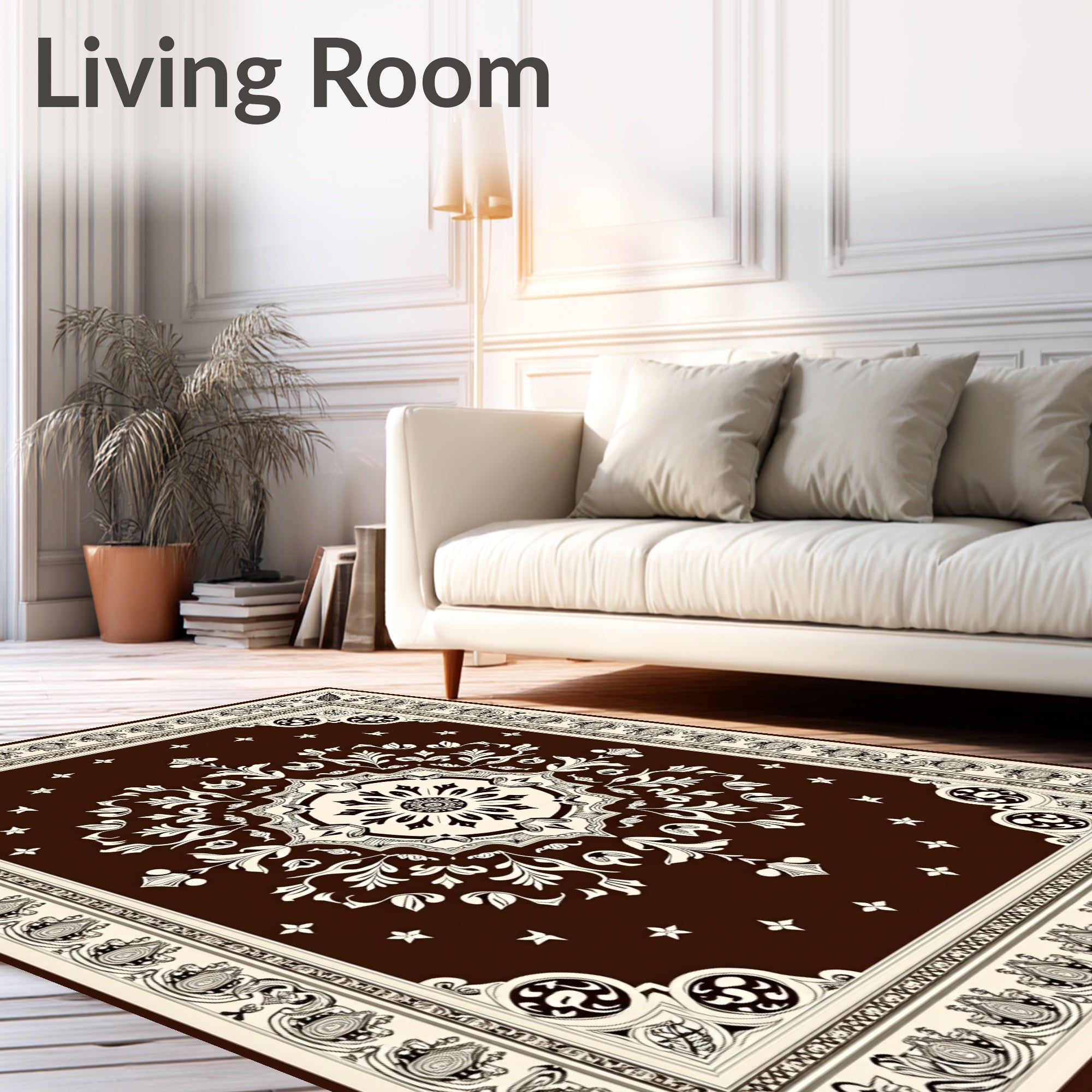 Brown Cream Floral Medallion Scrollwork Rug