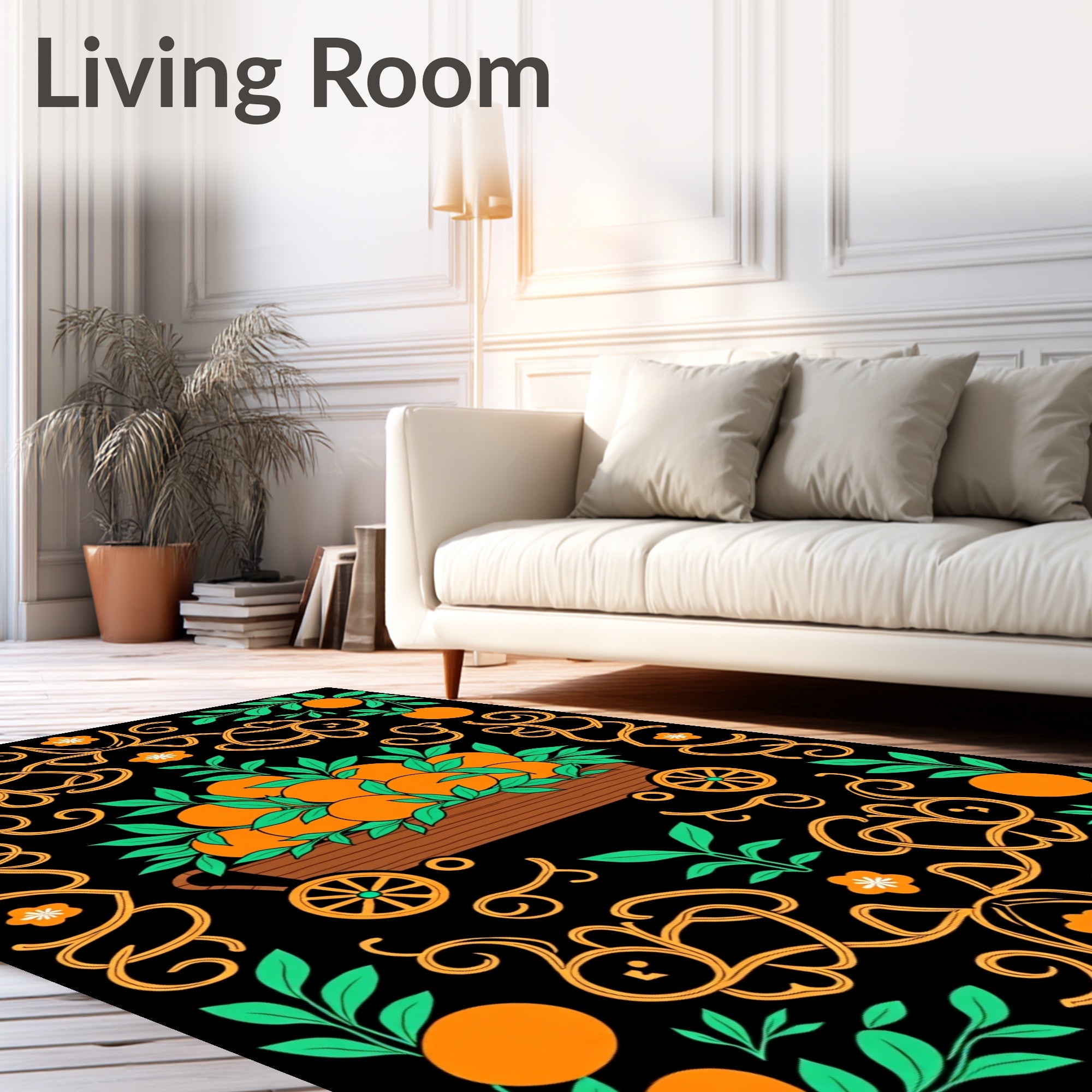 Vibrant Orange Grove Scrollwork Rug