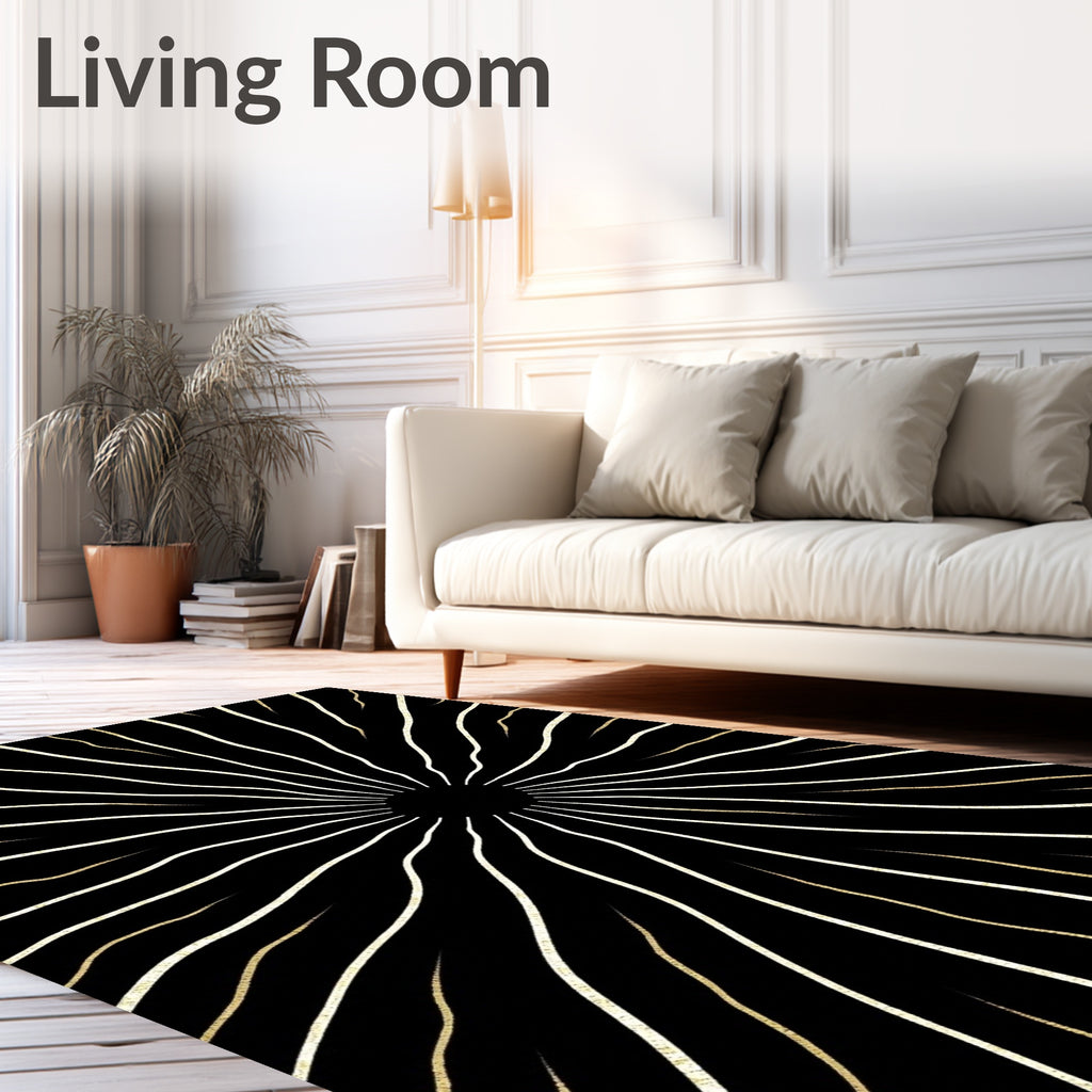 Radiating Sunburst Black and Gold Stripes Rug