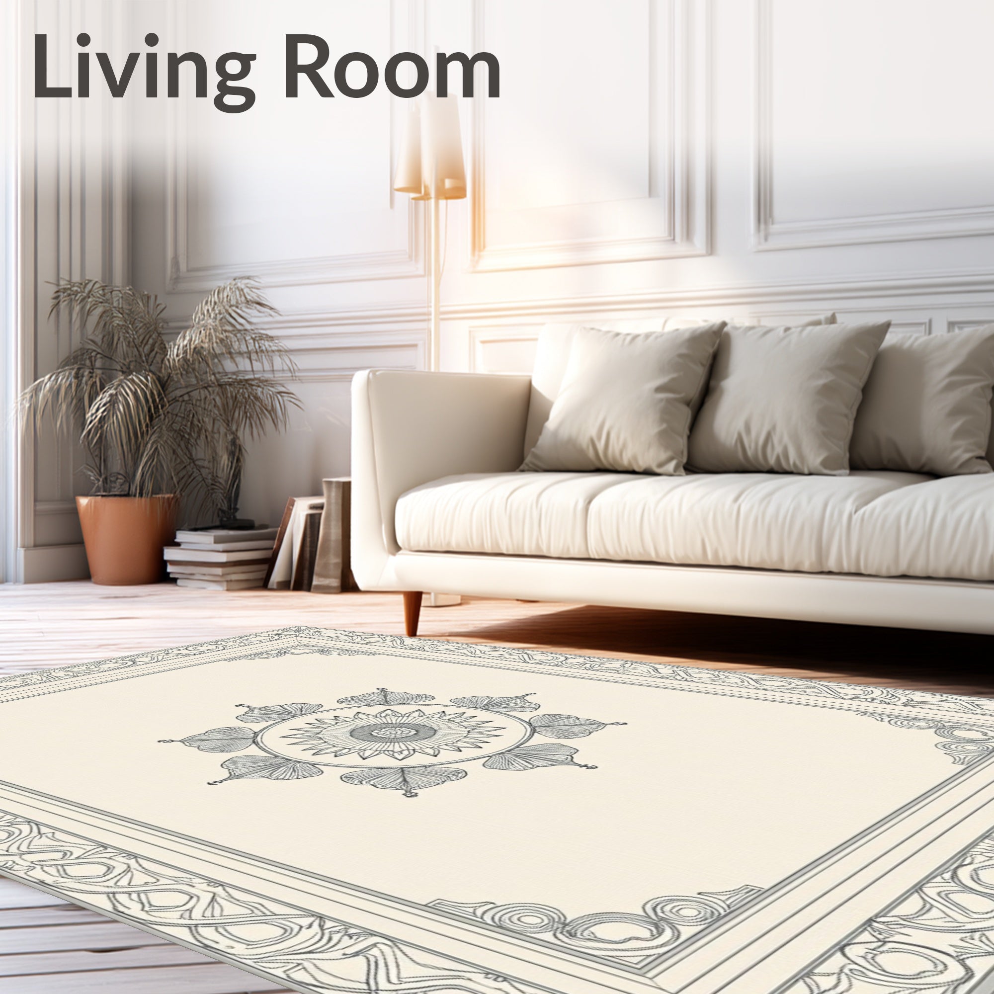 Floral Medallion Bordered Ivory Rug