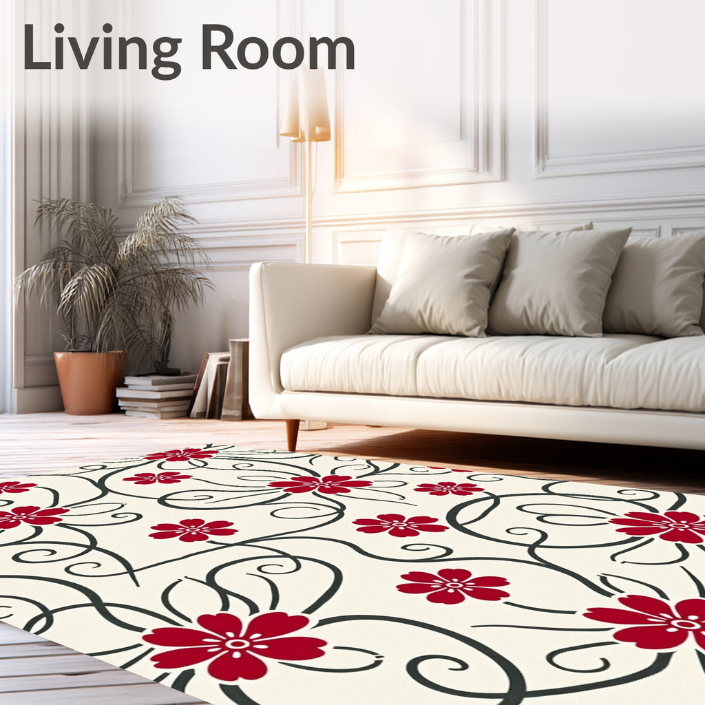 Red Blooming Vines Swirl Rug