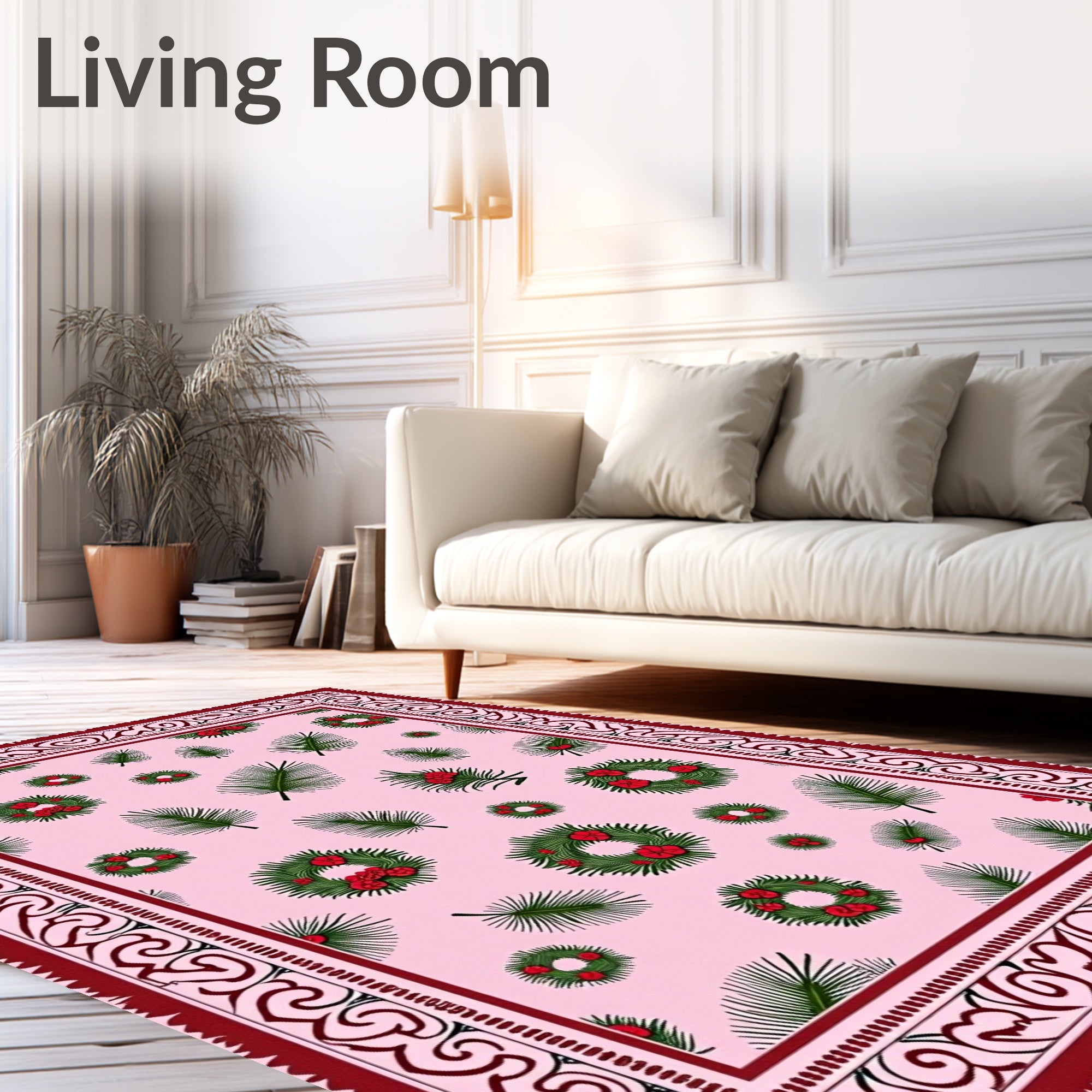 Pink Fern Wreath Christmas Rug