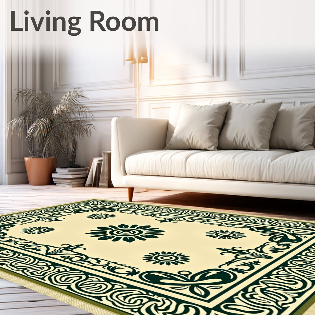 Dark Green Floral Medallion Cream Rug