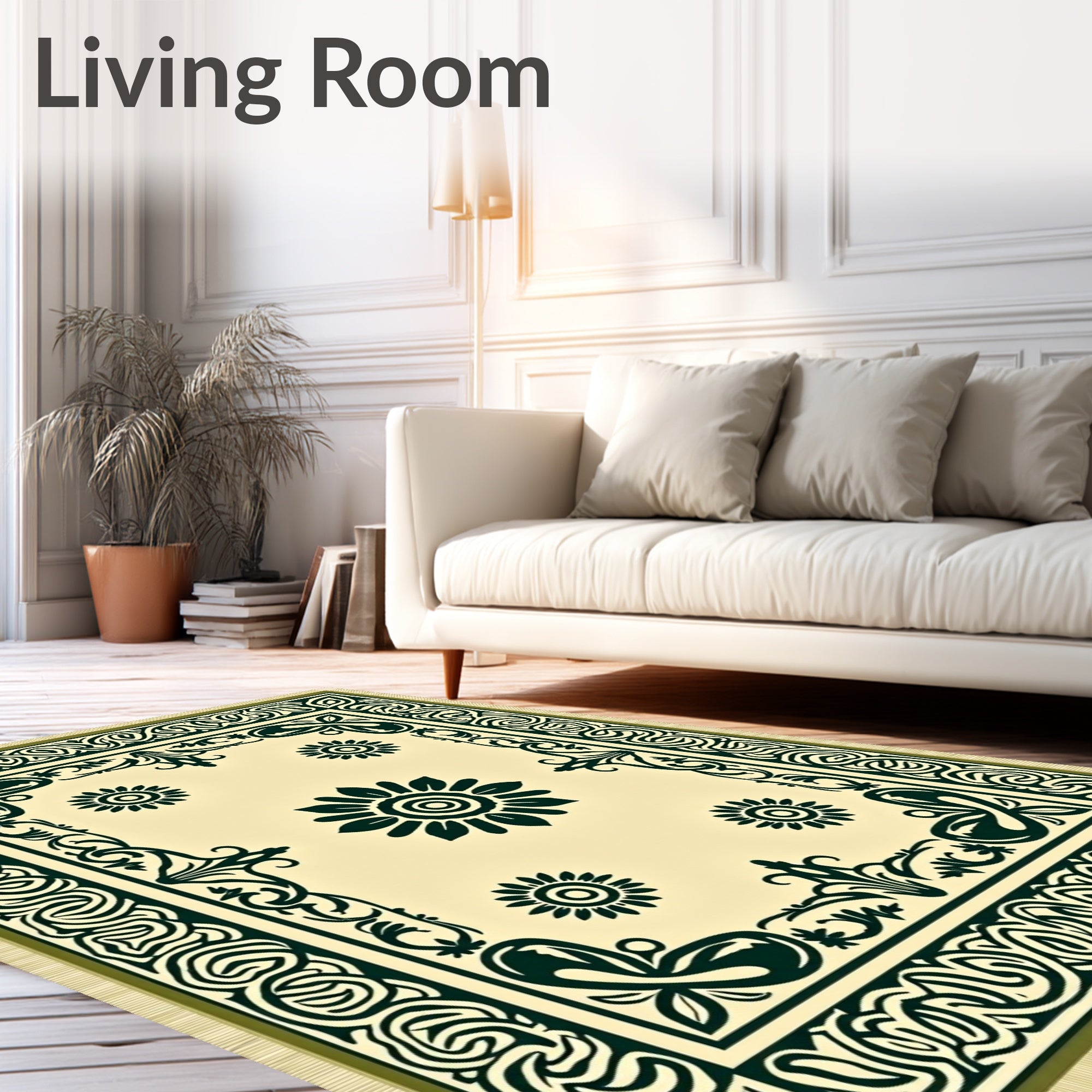 Dark Green Floral Medallion Cream Rug