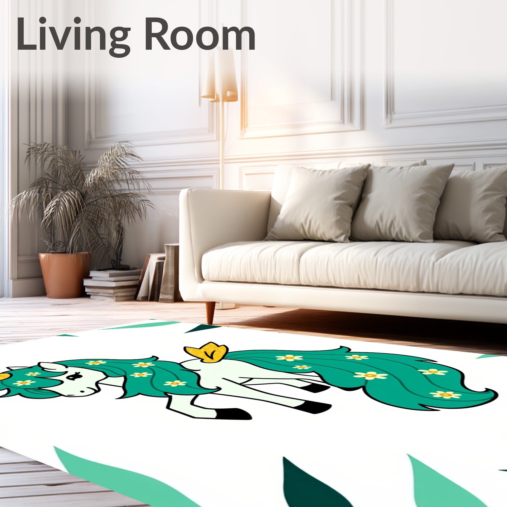 Whimsical Teal Unicorn Floral Garden Rug