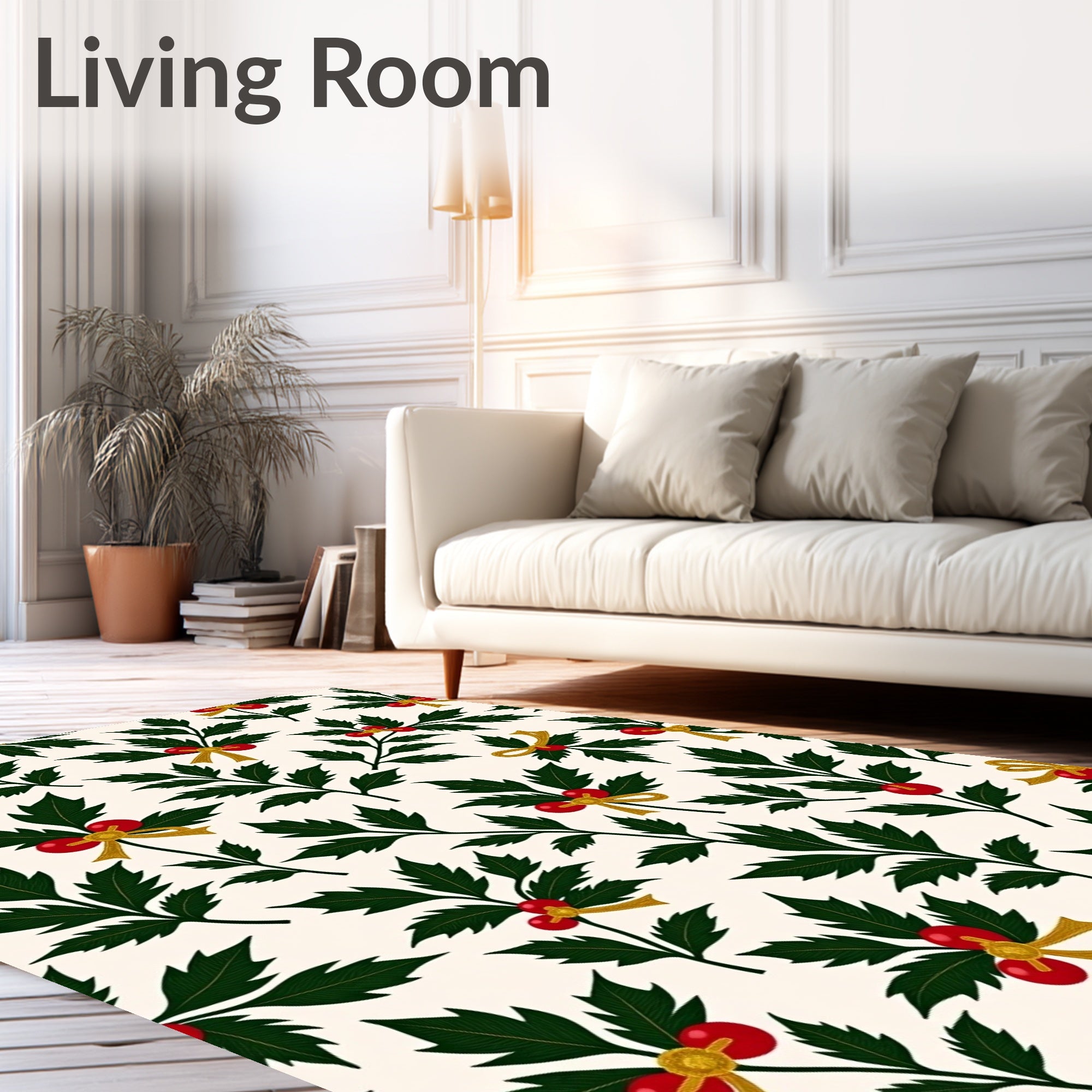 Green Holly Berry Gold Bow Background Rug