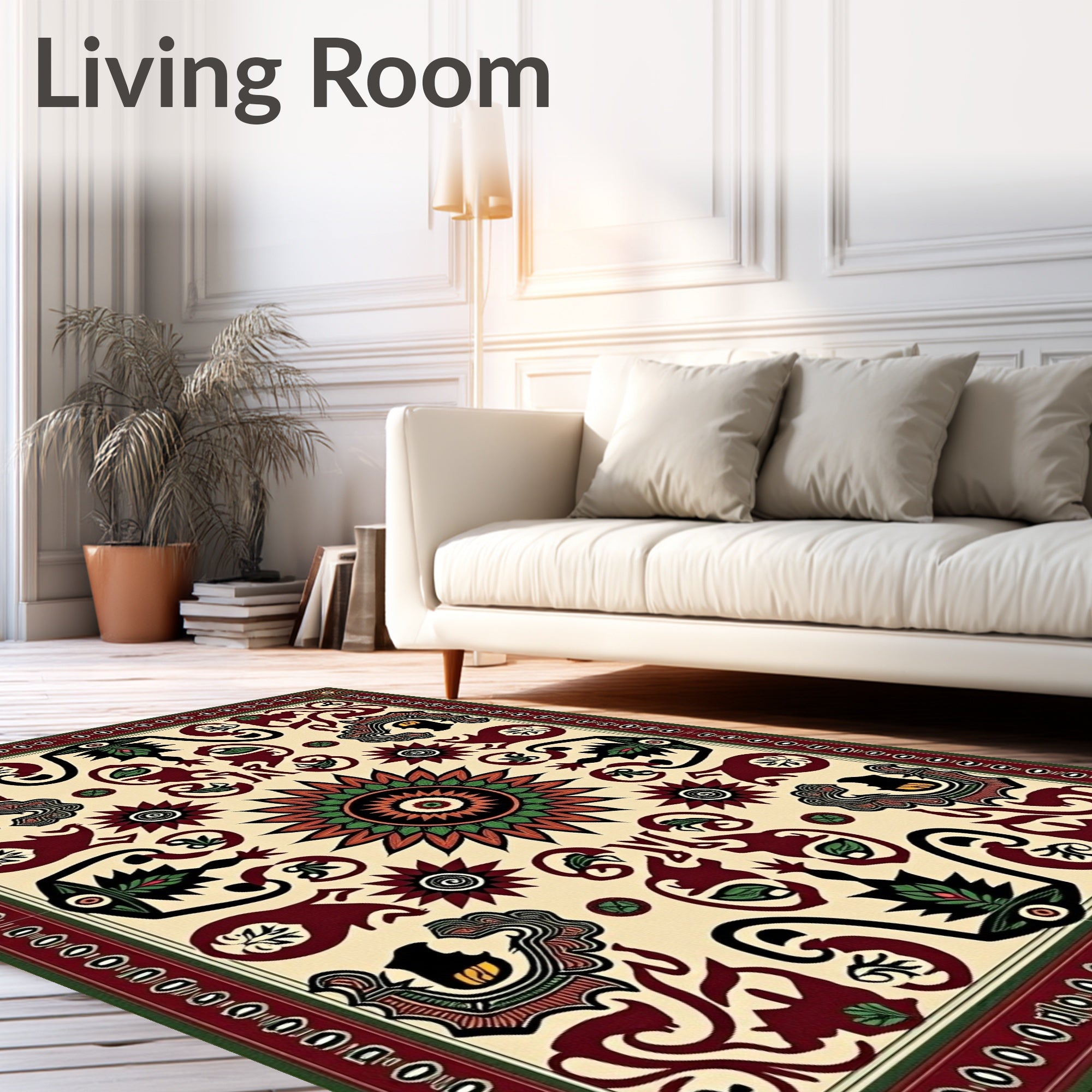 Ornate Crimson Sunburst Animal Medallion Rug