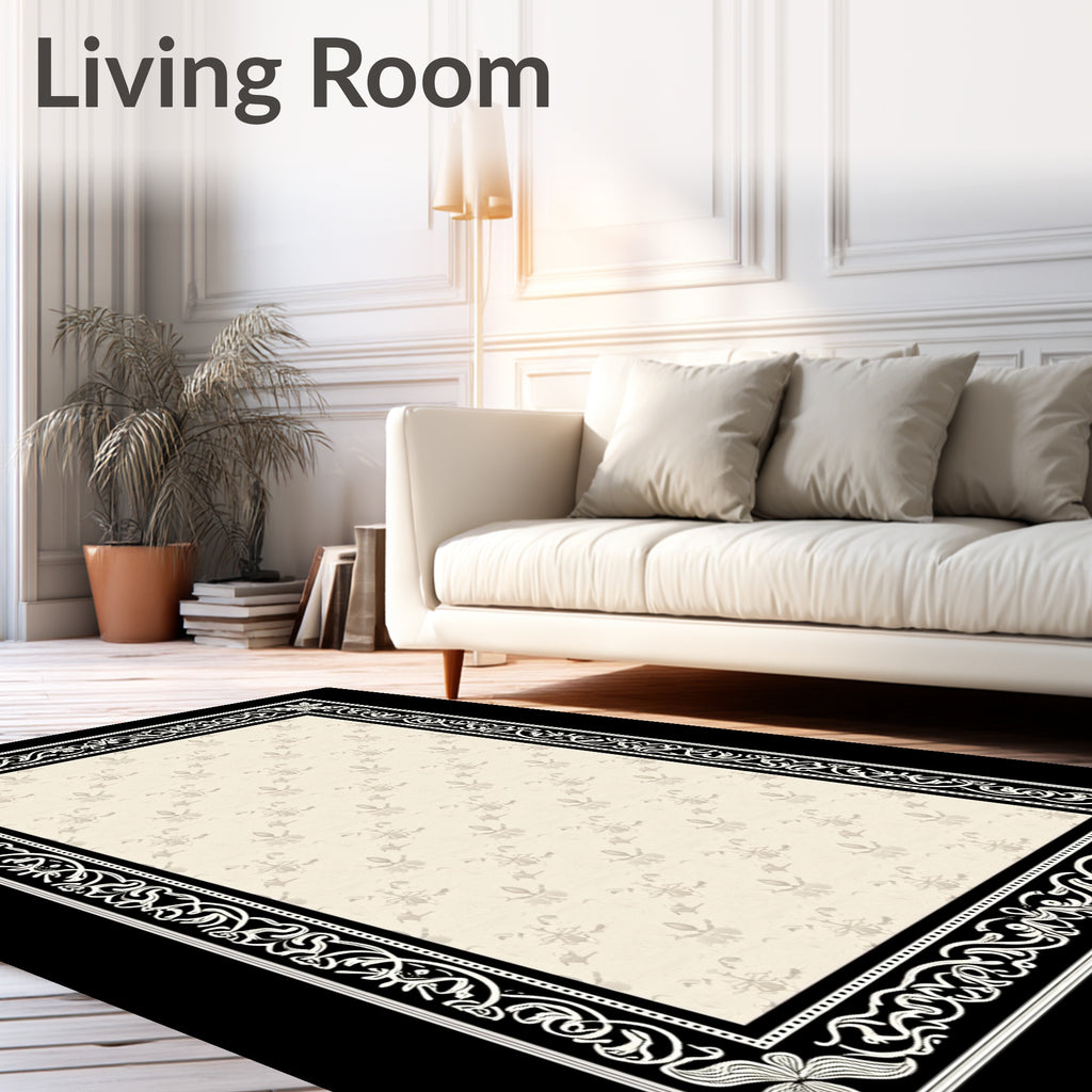 Vintage Cream and Black Floral Border Rug