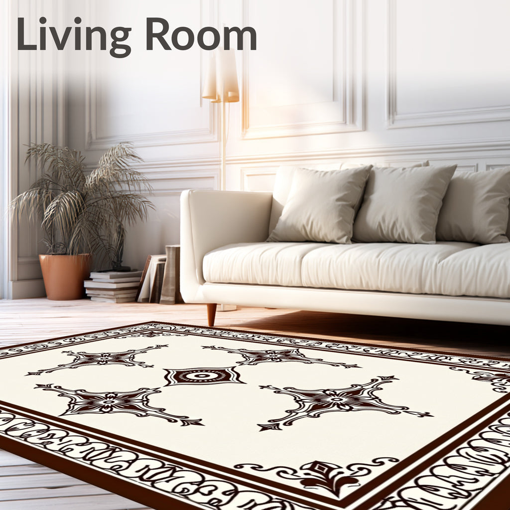Ornate Cream Brown Medallion Border Rug