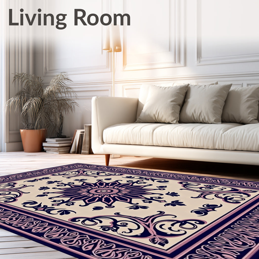 Deep Navy Pink Floral Medallion Border Rug