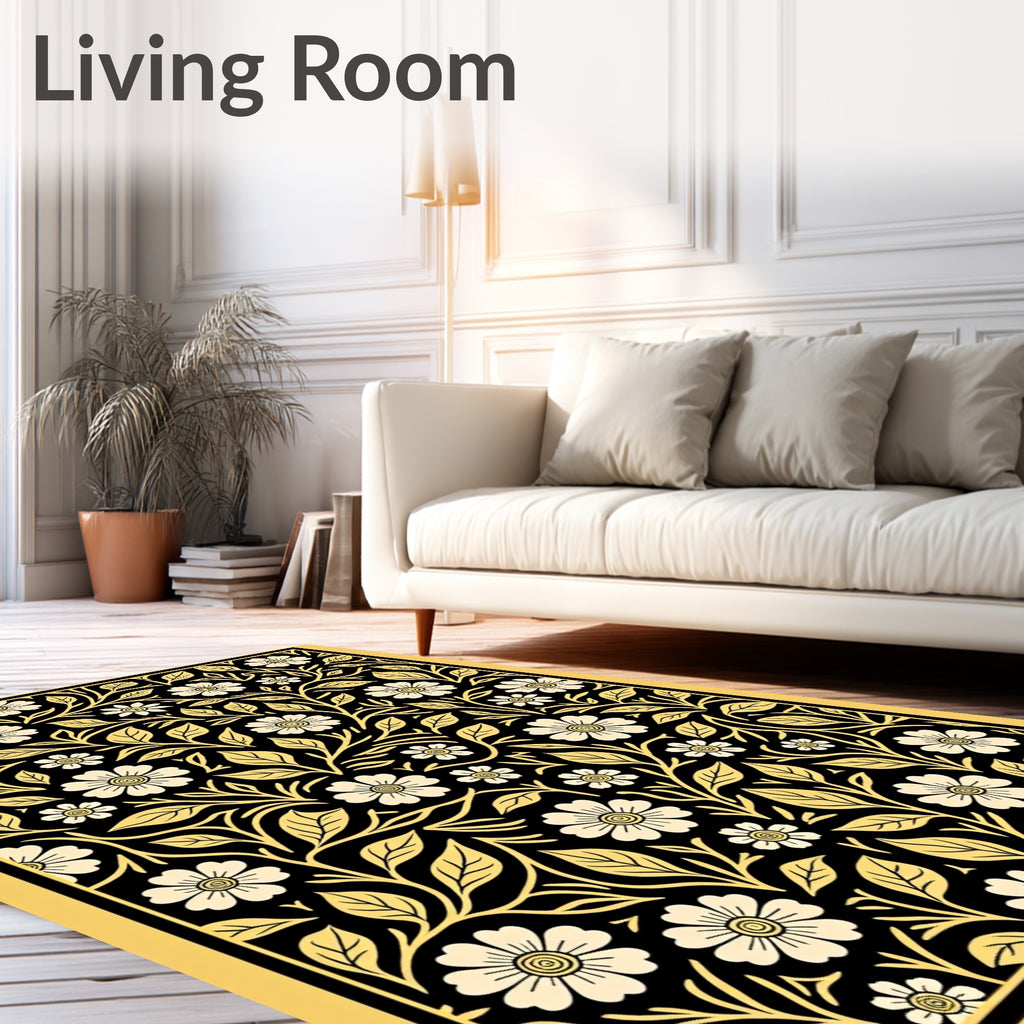 Cream and Gold Floral Vine Art Deco Rug