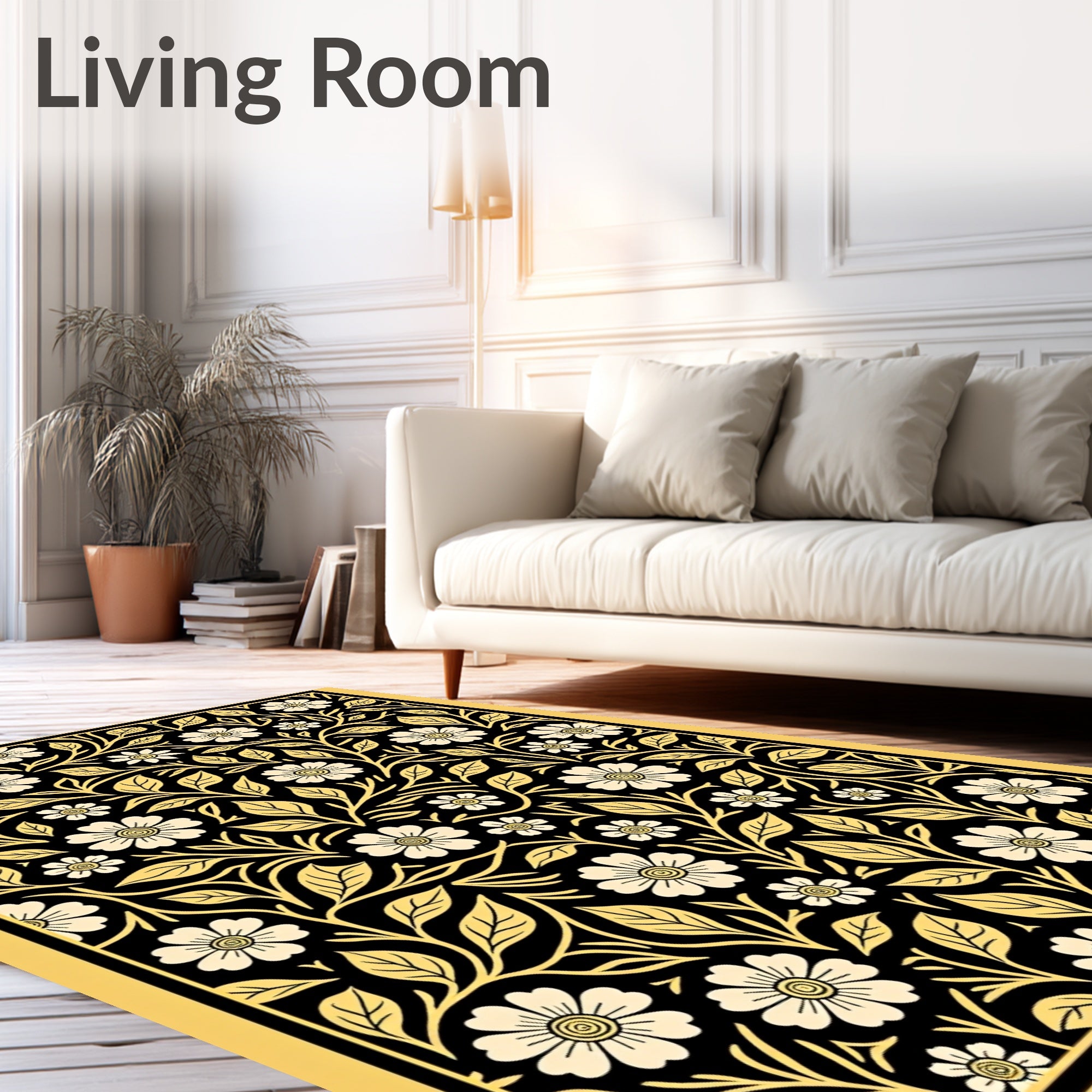 Cream and Gold Floral Vine Art Deco Rug