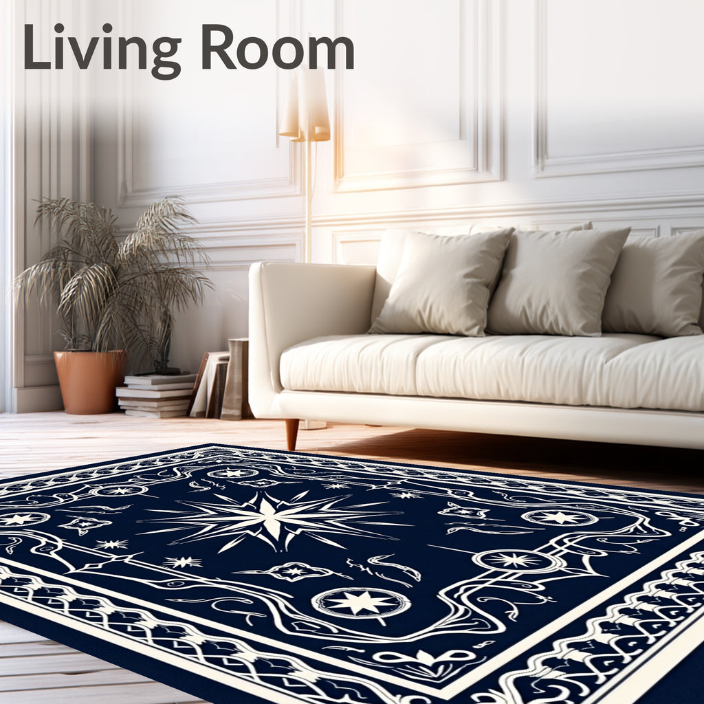 Elegant Navy Starburst Celestial Emblem Rug