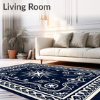 Elegant Navy Starburst Celestial Emblem Rug