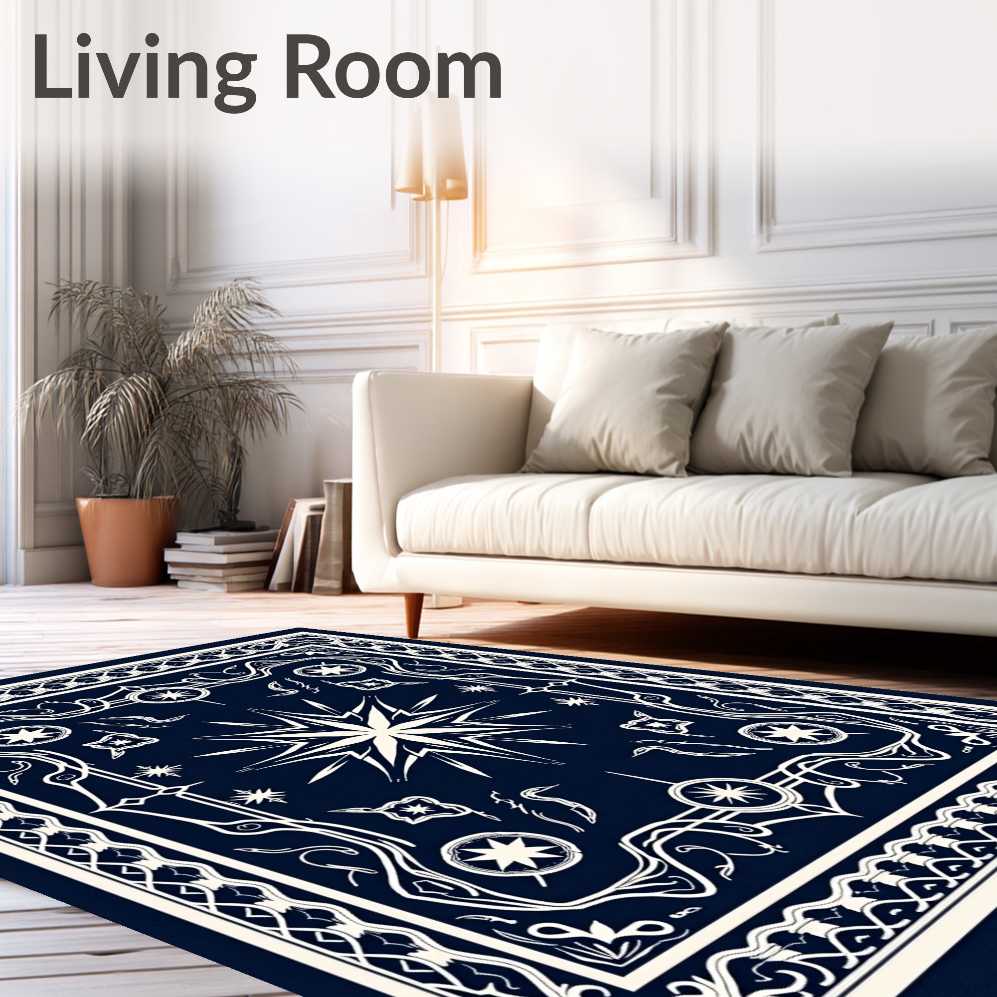 Elegant Navy Starburst Celestial Emblem Rug