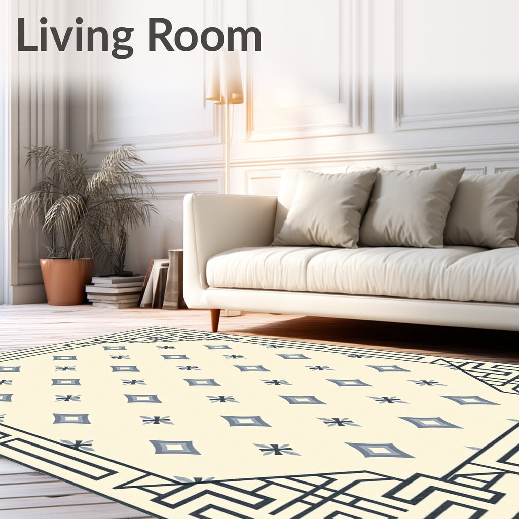 Cream And Blue Geometric Diamond Border Rug