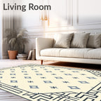 Cream And Blue Geometric Diamond Border Rug