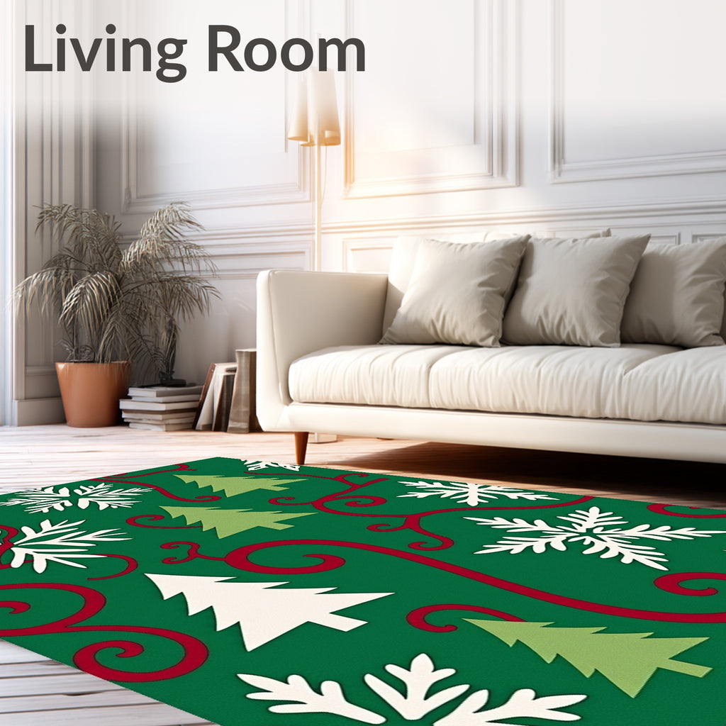 Green Christmas Trees Snowflakes Swirls Rug