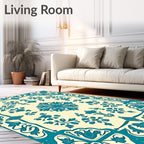 Teal Cream Scrollwork Floral Medallion Rug