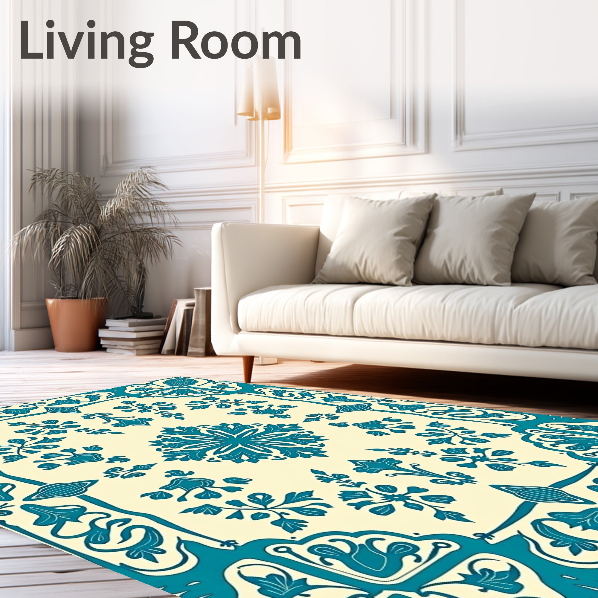 Teal Cream Scrollwork Floral Medallion Rug
